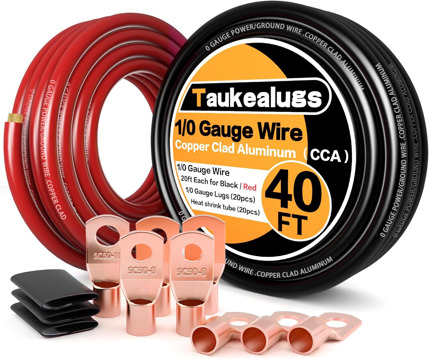 1/0 AWG Battery Cable 0 Gauge Wire Copper Clad Aluminum CCA Amp Wiring Kit 40FT Black/Red for Automotive Power Ground,Car Audio Speaker,Inverter RV Truck with Lug Terminals and 3:1 Heat Shrink Tube