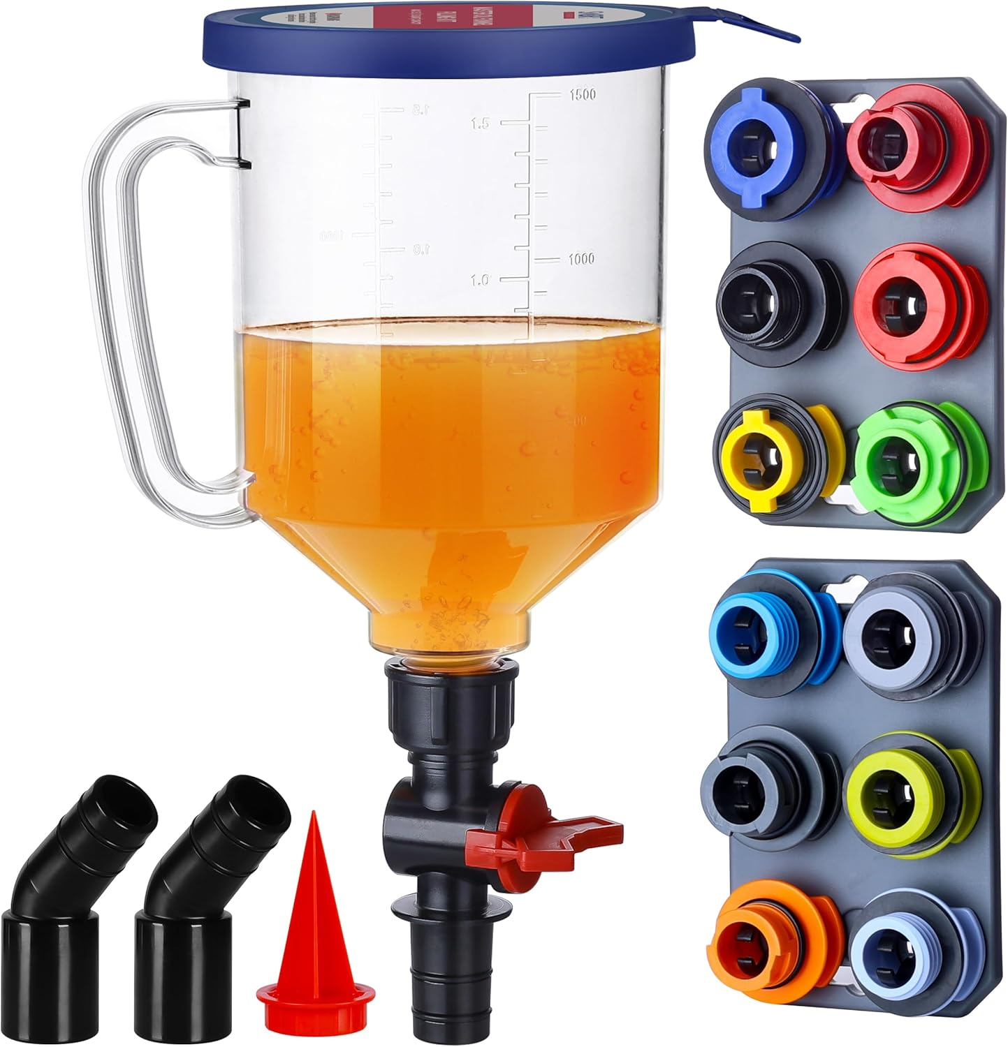 - Spill-Proof Engine Oil Funnel Kit｜Oil Change Funnel W/ 12 Adapters & 2 Magnetic Adapter Organizer Boards｜Transparent Body W/Scale & Shut-Off Valve｜Universal Fit