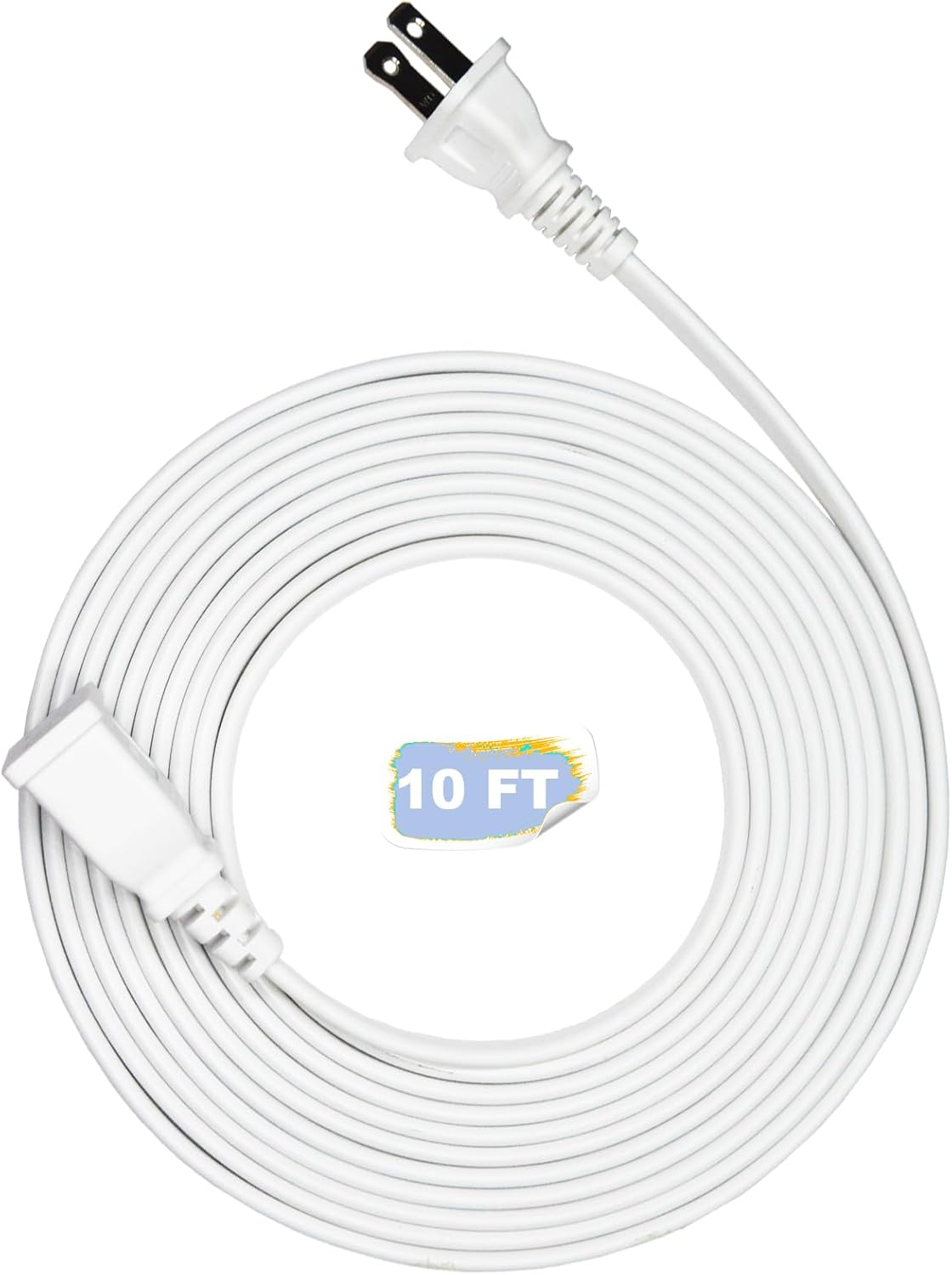 10FT White Flat and Thin 2 Prong Long Extension Cord for Indoor/Outdoor Use with Single Outlet - Ideal for Holiday Lights, Lamps, Cameras,Appliance ETL Listed (1 Pack)