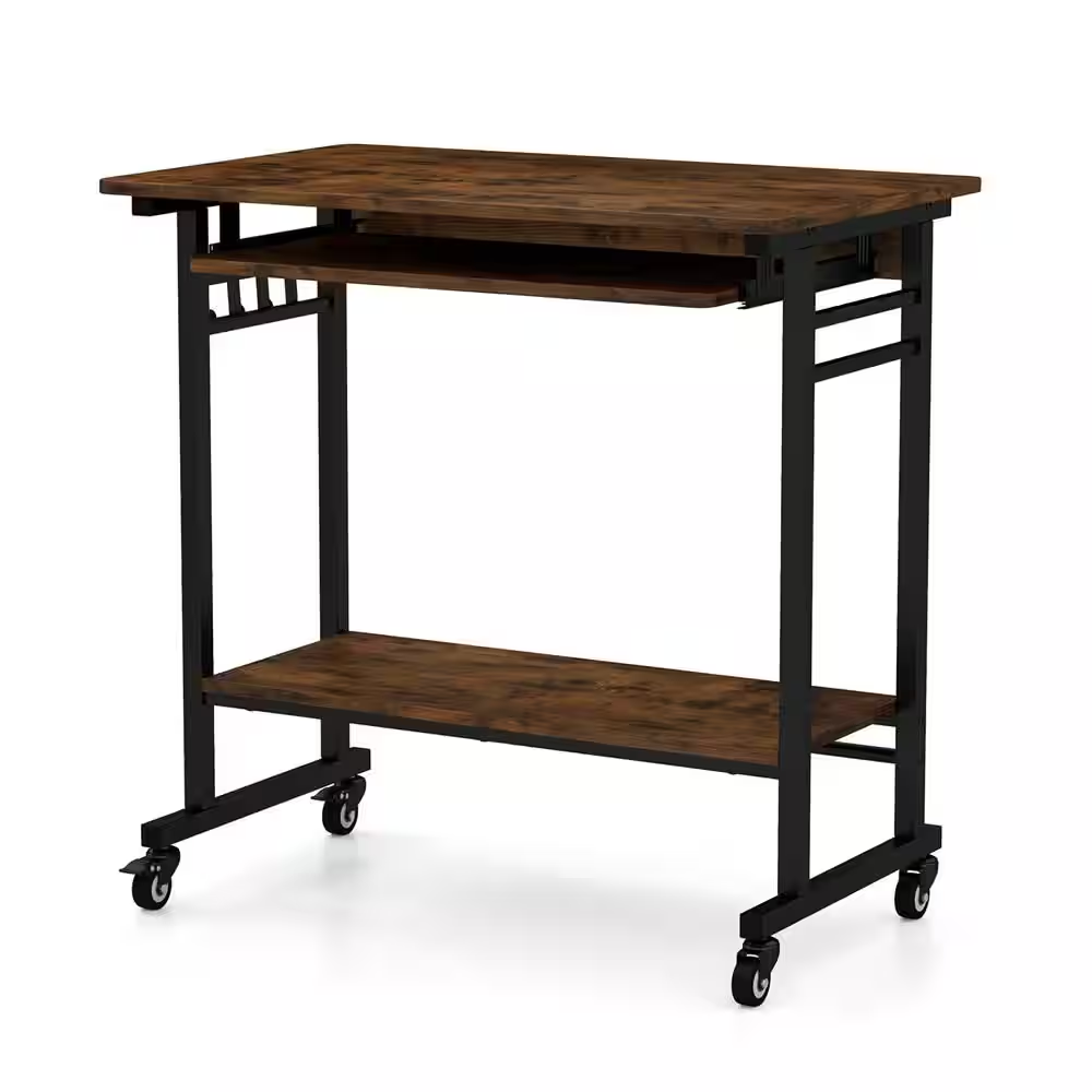 31.5 In. Rustic Brown Mobile Computer Desk with Pull-Out Keyboard Tray Compact Laptop Cart Home Office Desk
