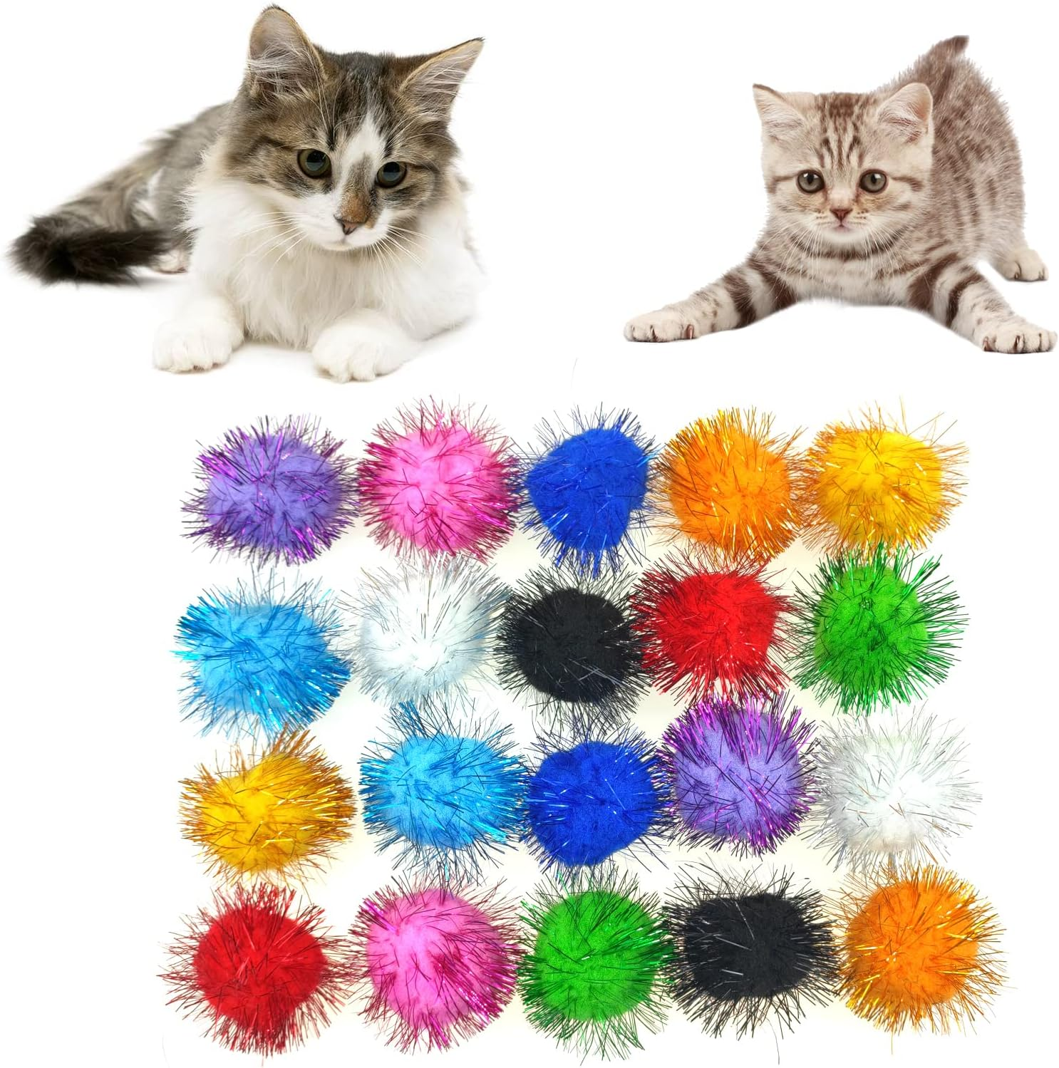 Andiker Cat Sparkle Balls - 1.5 Inches Colorful Tinsel Glitter Pom Pom Toys for Indoor Cats - Interactive and Lightweight to Keep Fit and Active (4.5Cm, 20Pcs)