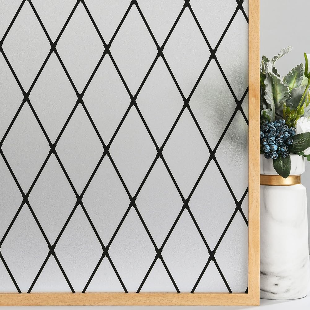 Frosted Black Lattice Window Film Static Cling Window Privacy Films Decorative Glass Vinyl Film for Windows Removable Sun Blocking Anti-Uv 17.7X78.7 Inches