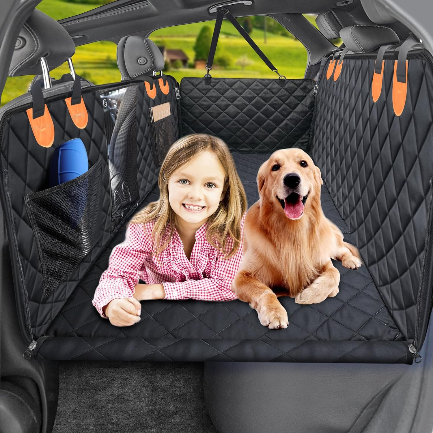 URPOWER Back Seat Extender for Dogs, Dog Car Seat Cover Hard Bottom Holds 400 Lbs, Waterproof Dog Hammock for Car Pet Backseat Protector with Mesh Window, Large Space Dog Travel Bed for Car & SUV