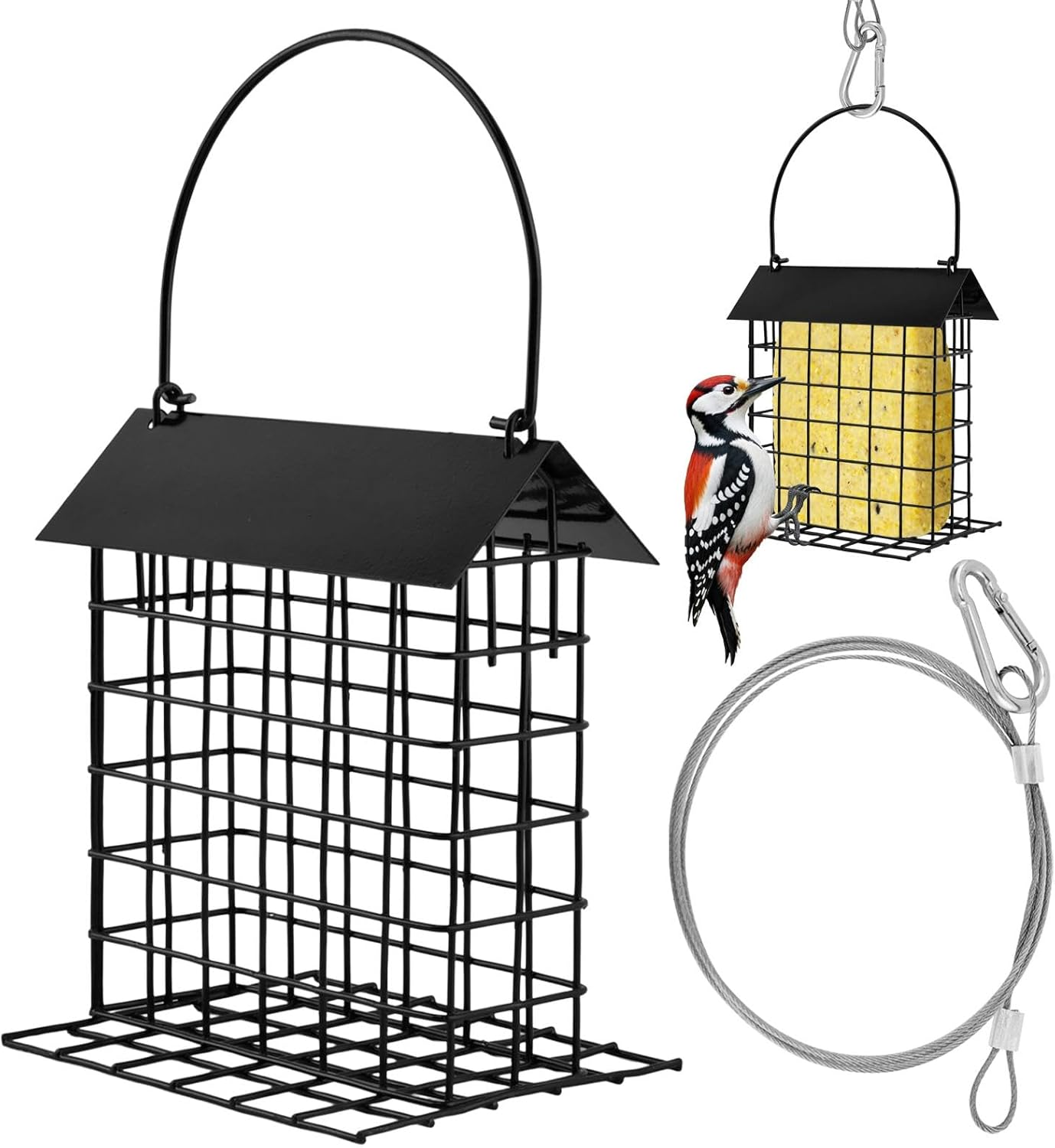 Single Suet Bird Feeder Metal Cage Hanging Wild Bird Woodpecker Feeder with Roof