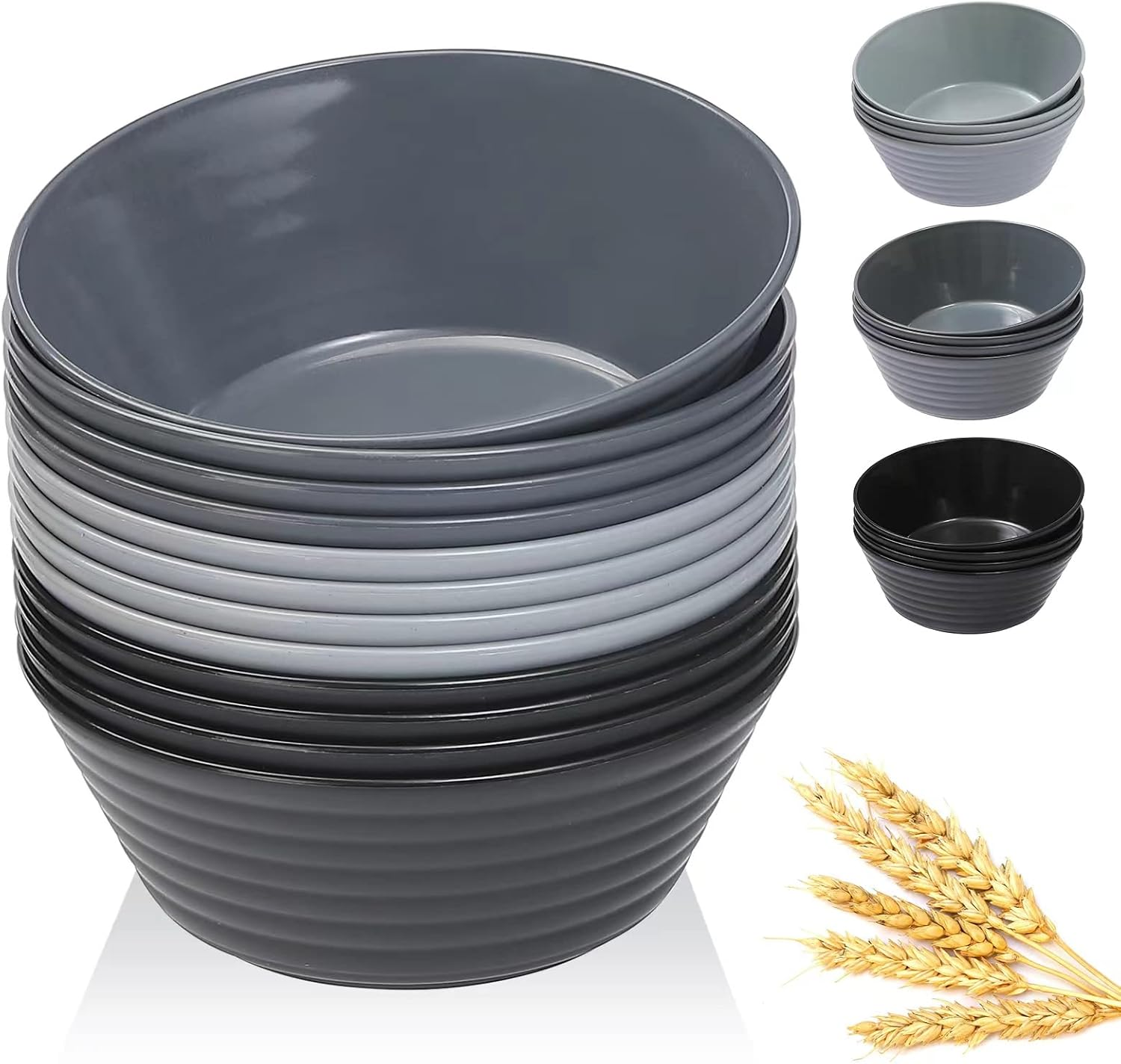 Cereal Bowls 36 OZ, Set of 12 Unbreakable Wheat Straw Plastic Serving Snack & Soup Dessert Bowls for Kitchen, Parties & Camping - Dishwasher & Microwave Safe - Black & Gray