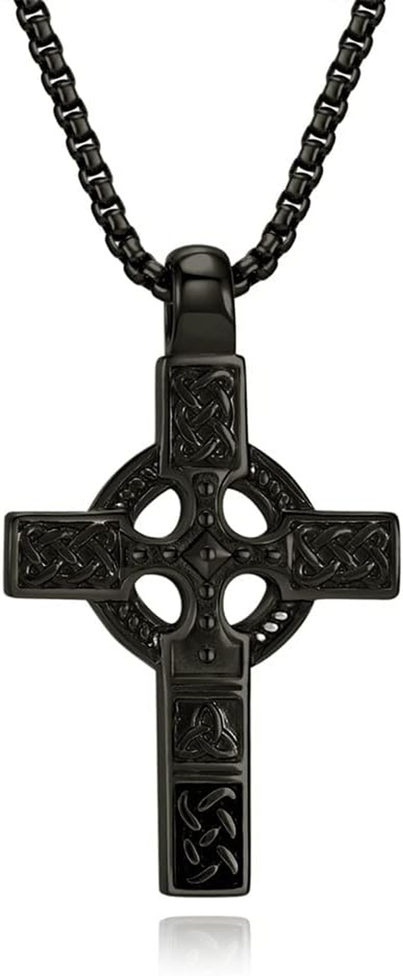 Cross Necklace for Men，Stainless Steel Celtic Knots Ireland Silver/Black Cross Religious Necklace Vintage Geometric Design Chain Christian Jewelry 60 Cm/23.6 Inches