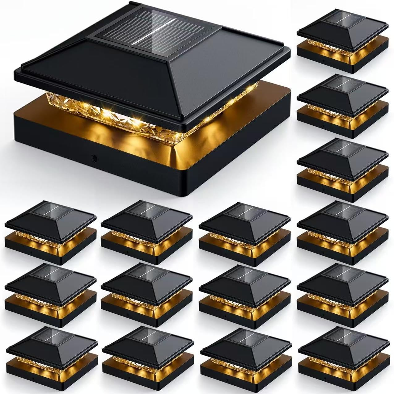 Solar Post Cap Lights 16pack, 4x4 Deck Fence Post Solar Lights Outdoor with Warm White Lighting,Black Waterproof Solar Post Lights for Vinyl/Wood Posts to Decorate Fence, Deck,Garden, Patio