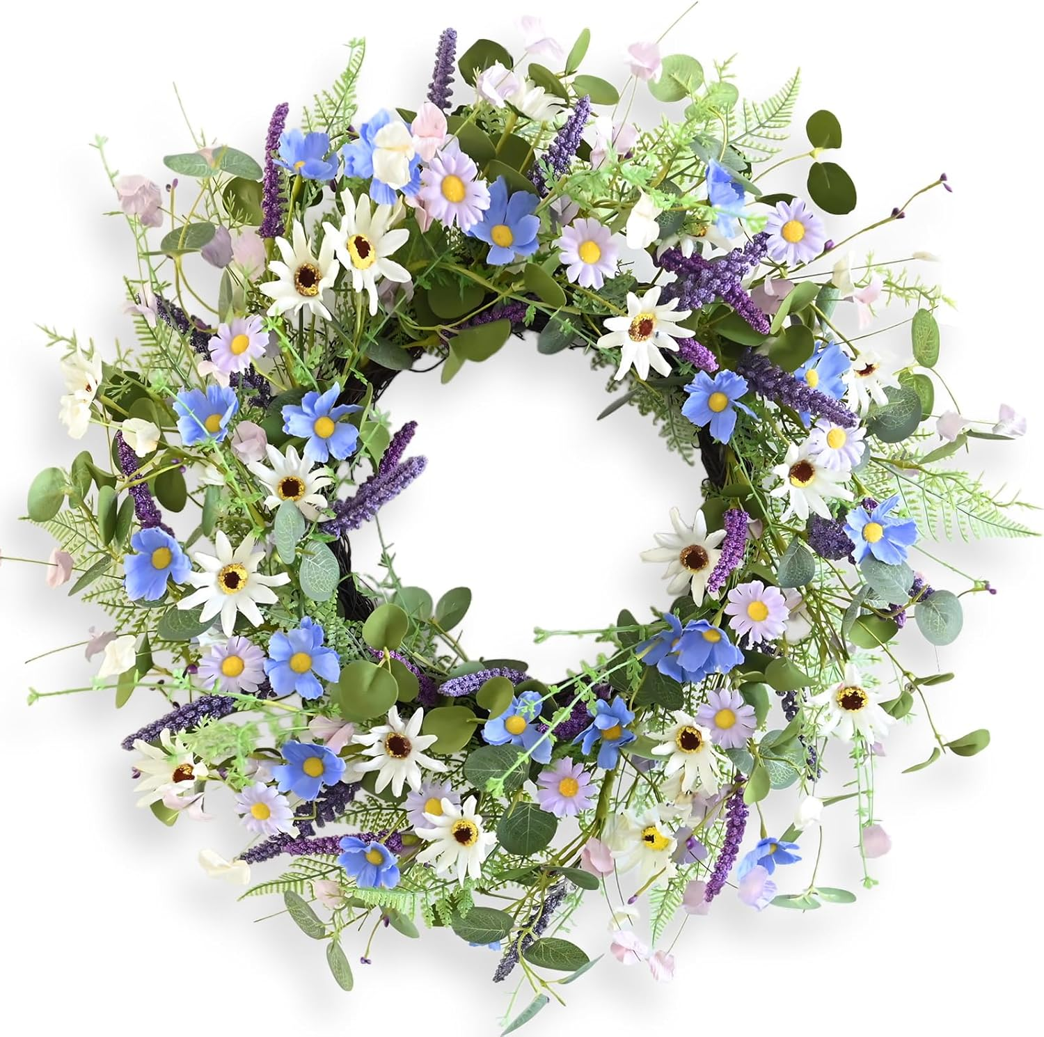 Wildflower Spring Wreath for Front Door 24 Inch - Artificial Daisy Lavender Spring Wreath, Mixed Floral Spring Wreath Grapevine Base for Farmhouse Indoor Outdoor Porch Wall Wedding Decoration