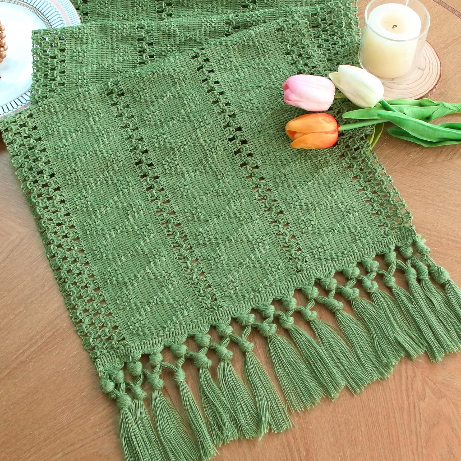 Green Table Runner with Tassels for Christmas Decor 72 Inches Long Macrame Table Runner for Home Decor Farmhouse Rusitic Table Runner for Dining Bedroom Xmas Decorations (12X72 Inches)