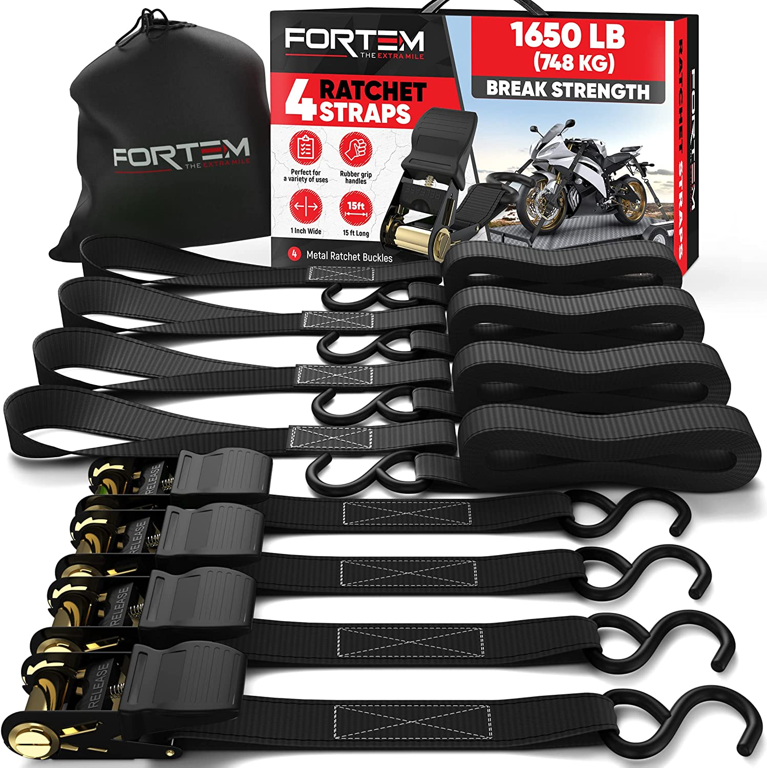 Ratchet Straps, 1650lb Break Strength, 4 15ft Tie Down Strap Set, 4 Soft Loops, Motorcycle Straps Tie Downs, Cargo Straps for Trucks, Rubber Handles, Coated Metal Hooks, Carry Bag (Black)