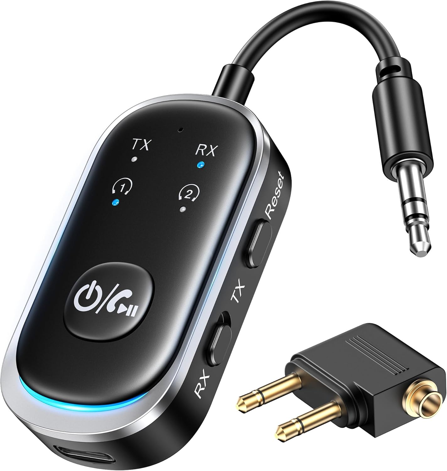 Bluetooth 5.3 Transmitter and Receiver 2 in 1, Airplane Bluetooth Adapter for Airpods or Headphones Dual Pairs, 3.5Mm AUX Jack Wireless Audio Transmitter for Planes, TV, Car Stereo, Treadmill