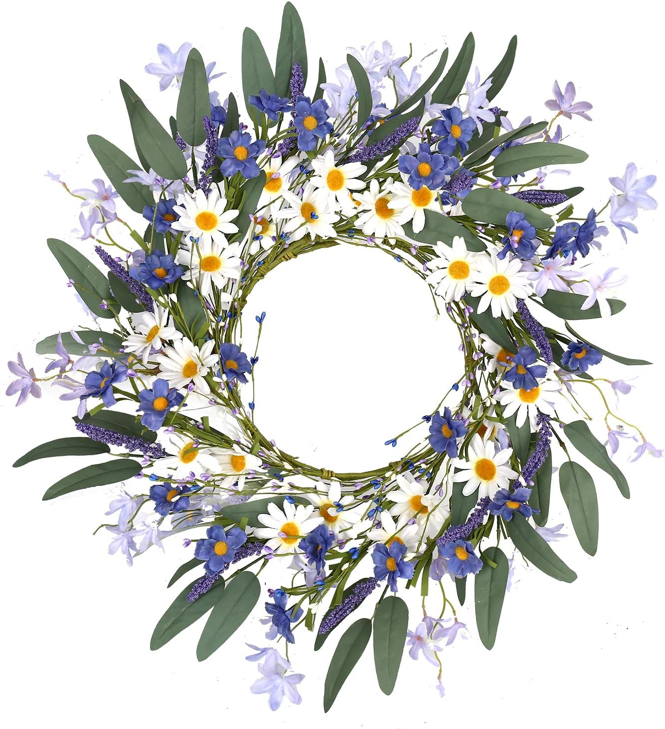 Spring Wreaths for Front Door 20 Inch Summer Wreath with Violet Blue and White Daisy Floral Wreath for Indoor Wall Porch Window Decor and Festival Celebration
