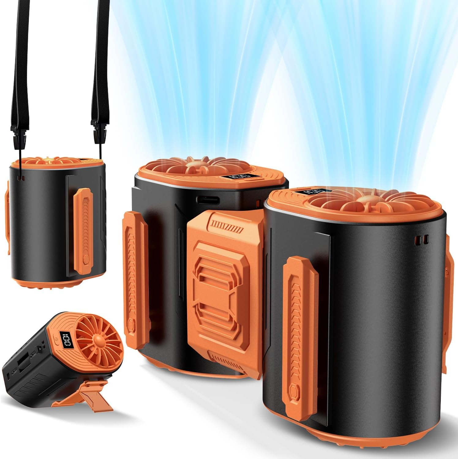 Andwing Portable Waist Fan Rechargeable, Detachable Dual Motors Personal Fans 5 Speeds 20000RPM Strong Airflow, 10000Mah 24H Runtime, Portable Neck Fan, Waist Belt Clip Fan (Black&Orange)