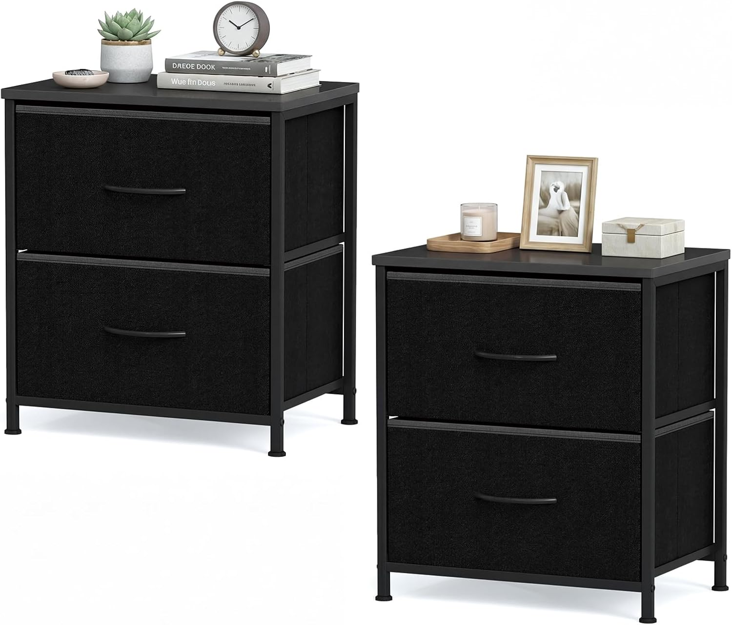 Bedside Tables Set of 2, Modern Nightstand End Sofa Side Table with 2 Fabric Drawers, Metal Frame Bedside Cabinet Chest Storage Unit for Small Space, Living Room and Bedroom, 45X30X52Cm, Black