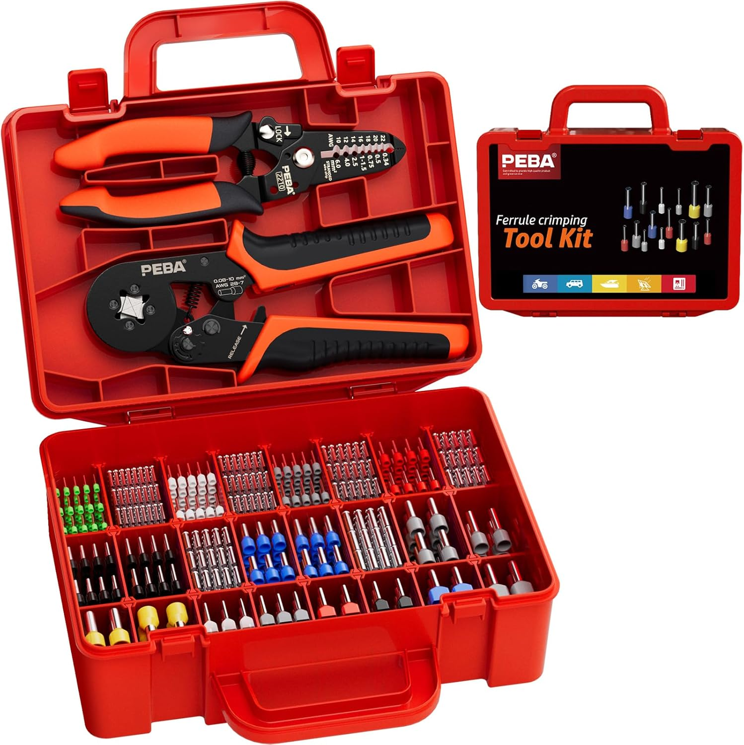 Ferrule Crimping Tool Kit, 24 Sizes Wire Ferrules and Square Crimping Pliers AWG28-7 & Wire Stripper for Electrical Wiring/Diy Terminals | Self-Adjusting Ratchet Crimper - Copper Ferrule Kit