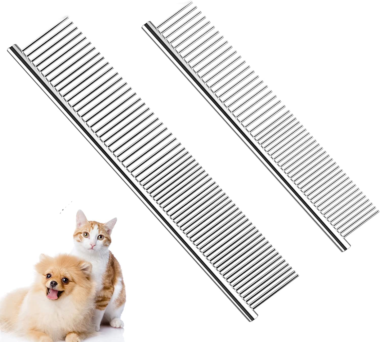 Dog Combs for Grooming, 2 Pack Metal Dog Comb with Rounded Teeth, Stainless Steel Cat Comb for Removing Tangles and Knots for Dogs and Cats