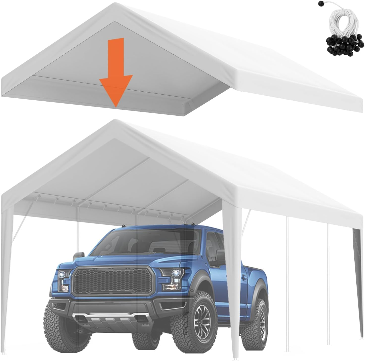 VEVOR Carport Replacement Canopy Cover 10 X 20 Ft, Garage Top Tent Shelter Tarp Heavy-Duty Waterproof & UV Protected, Easy Installation with Ball Bungees,White (Only Top Cover, Frame Not Include)