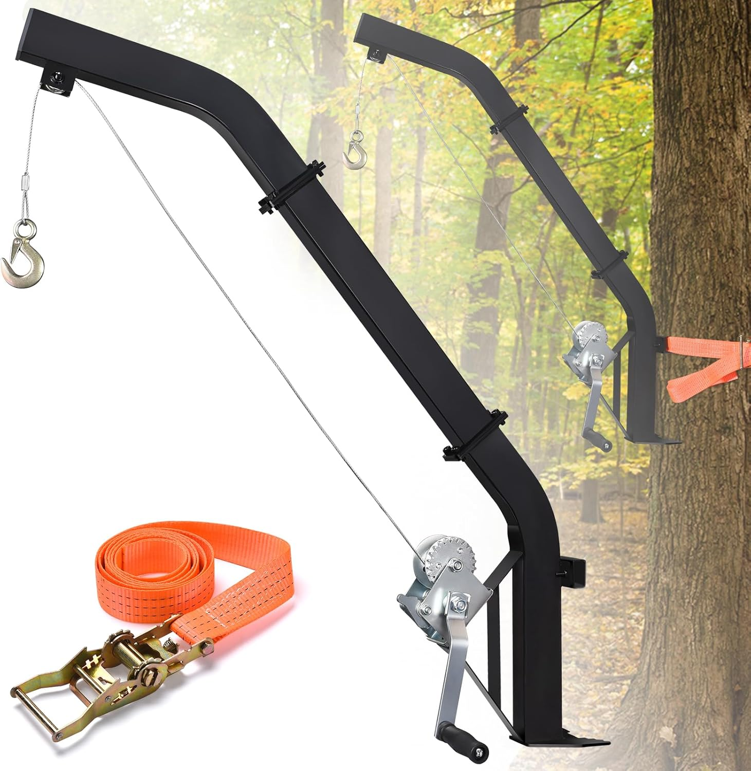 Tree Mounted Deer Hoist, 500LBS Hunting Game Hoist with Winch and Ratchet Strap, 23FT Steel Cable Heavy Duty Deer Hanger for Skinning, Field Dressing, Hanging Deer Feeder Hanger