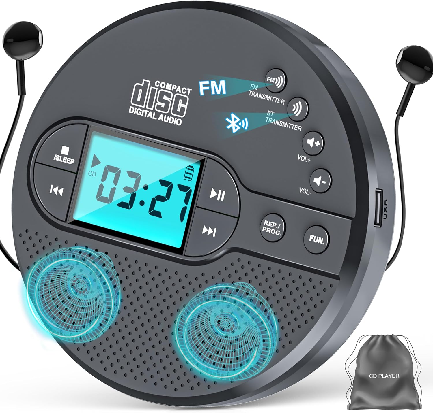 2000Mah Rechargeable Discman CD Player with Bluetooth FM Transmitter,Headphones,Lcd Screen,Aux,Built-In Speaker,Usb-Portable Personal CD Player Anti-Skip Protection for Car (Grey)