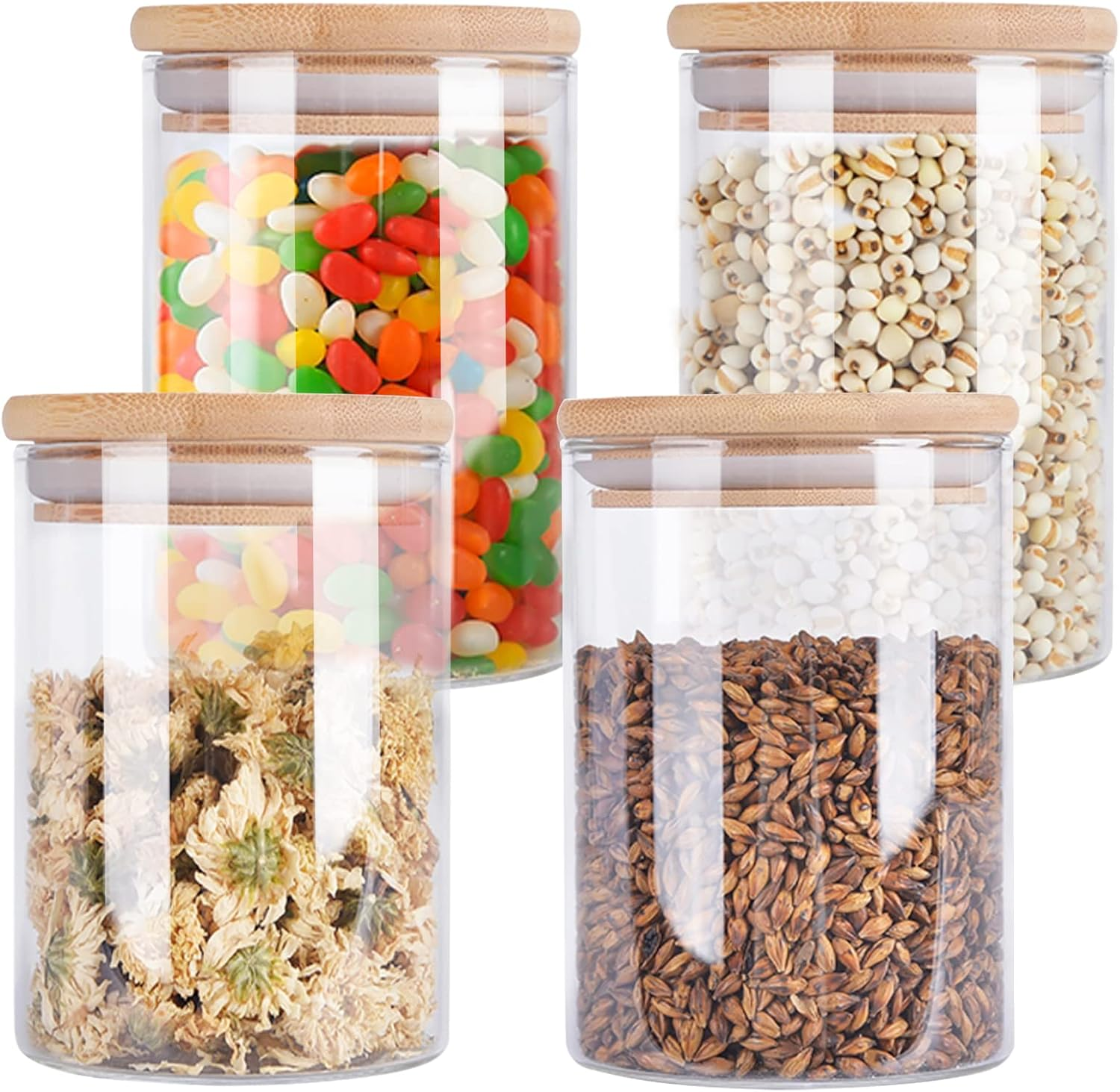 4 Pack Glass Storage Jars with Airtight Bamboo Lid, 27 OZ Glass Kitchen Canisters, Clear Container for Coffee Bean Storage, Dry Goods, Cookie, Candy, Tea, Spices and More