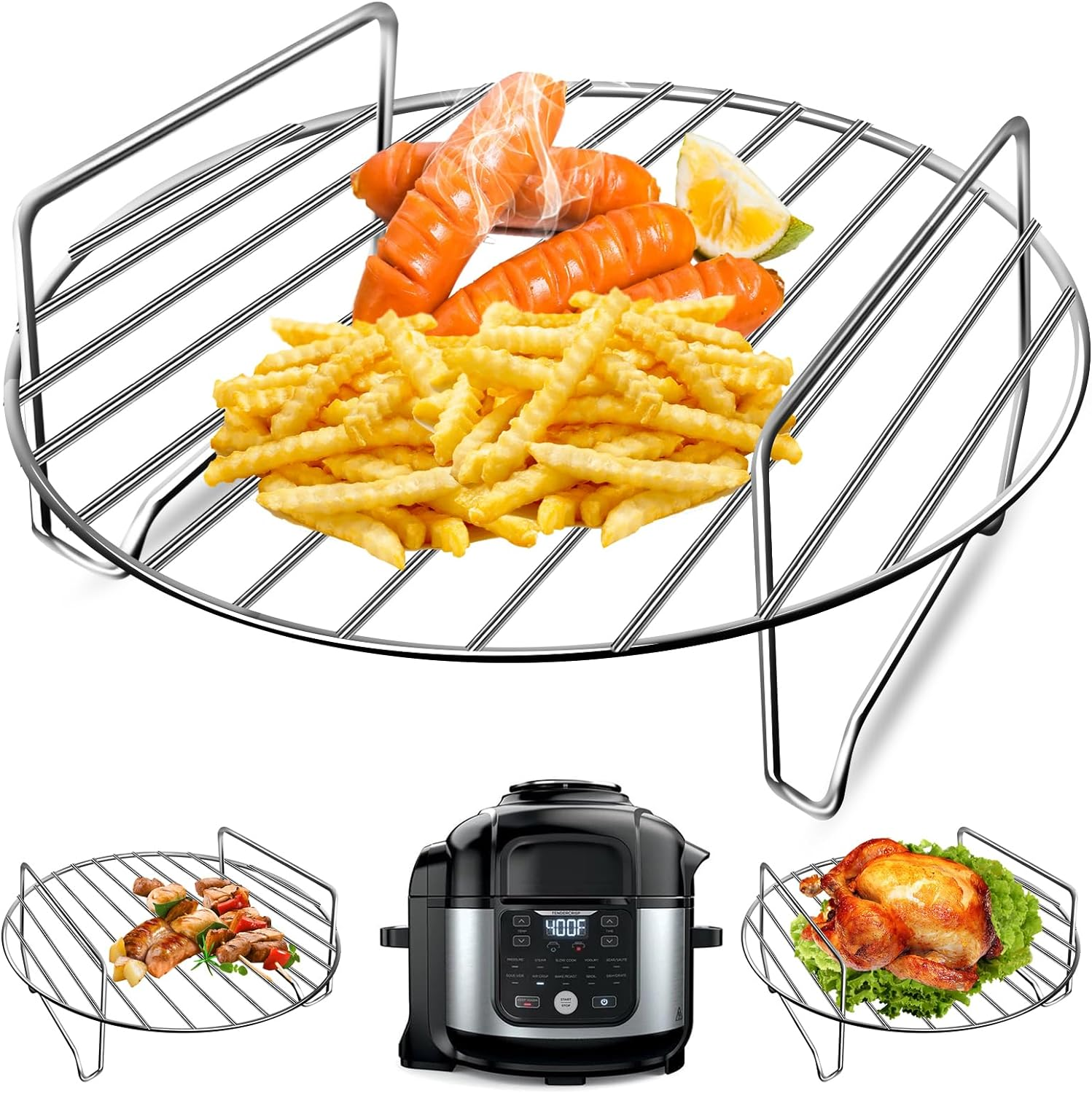 Air Fryer Basket for Ninja Foodi FD302 FD401 OS101 OS301 FD305CO OS401, Replacement 9.2''*9.2'' Stainless Steel Air Fryer Accessories Roasting Steamer Grill Racks, Dishwasher Safe