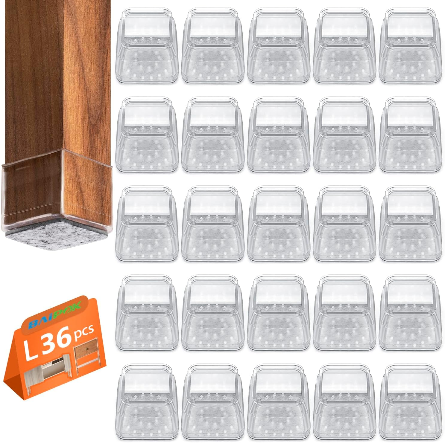 36pcs Square Chair Leg Floor Protectors, Furniture Felt Pads for Hardwood Floors, Furniture Sliders for Chair Legs, Floor Protectors for Chairs, Silicone Chair Leg Caps Cover, Large, Clear