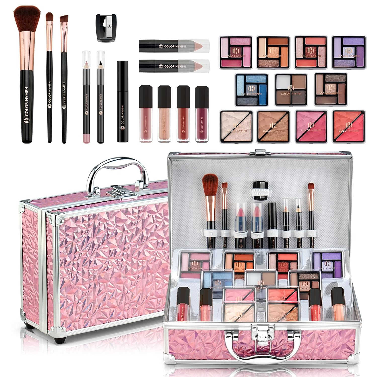 Starter Makeup Kit for Tweens Girls, Train Case for Women Full Kit with Eye Shadow, Lipstick, Blush, Brushes, Lipgloss, Mascara, Brow Wax and Mirror Pink Full Starter Cosmetics Set