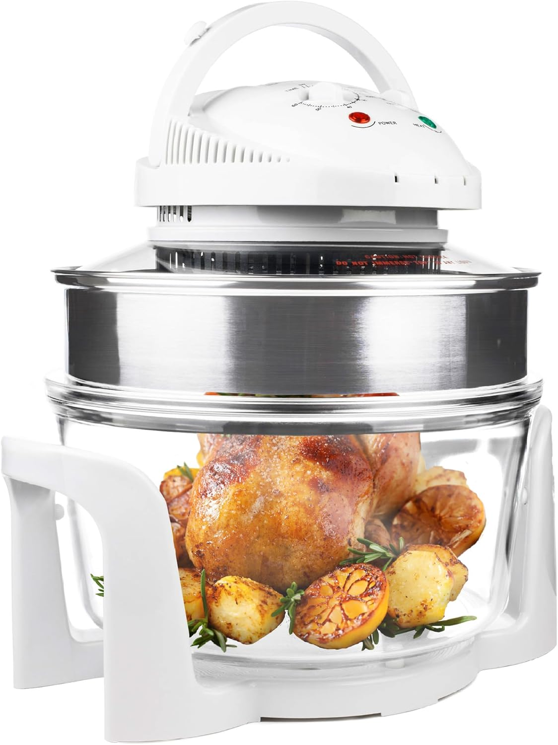 Halogen Oven Cooker 12L – 17L 1400W, Glass Air Fryer with Turbo Wash and Included Accessories, Halogen Oven Cooker with Extender Ring & Replacement Bulb (WHITE)