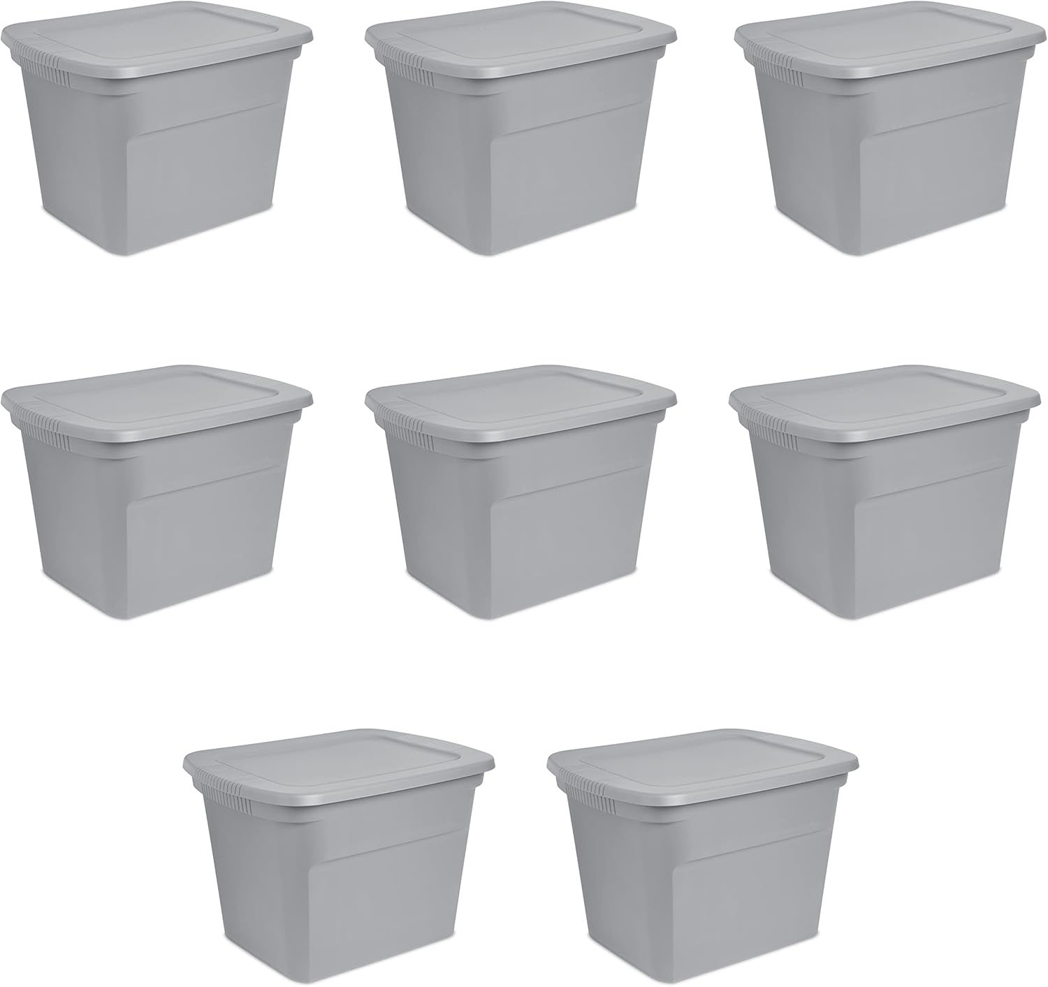 Sterilite 18 Gal Storage Tote, Stackable Bin with Lid, Plastic Container to Organize Clothes in Closet, Basement, Gray Base and Lid, 8-Pack