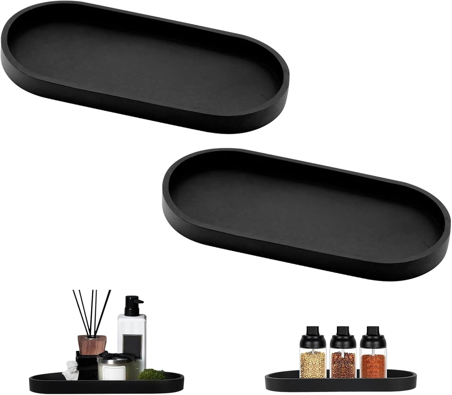 Set of 2 Bathroom Trays, Decorative Tray, Black Silicone Storage Tray, Cosmetic Small Oval Tray, Small Tray for Jewellery, Shampoo, Lipstick, Candles