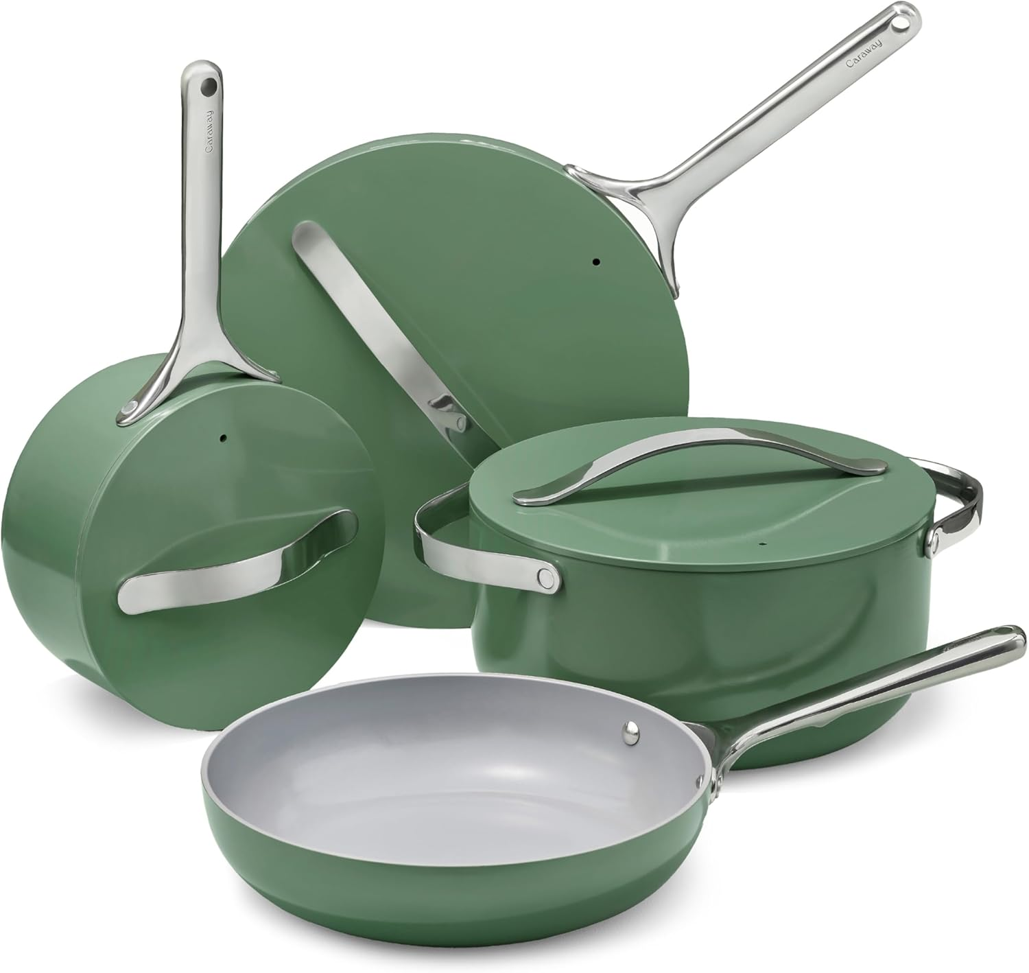 Caraway Nonstick Ceramic Cookware Set (12 Piece) Pots, Pans, Lids and Kitchen Storage - Non Toxic - Oven Safe & Compatible with All Stovetops - Sage