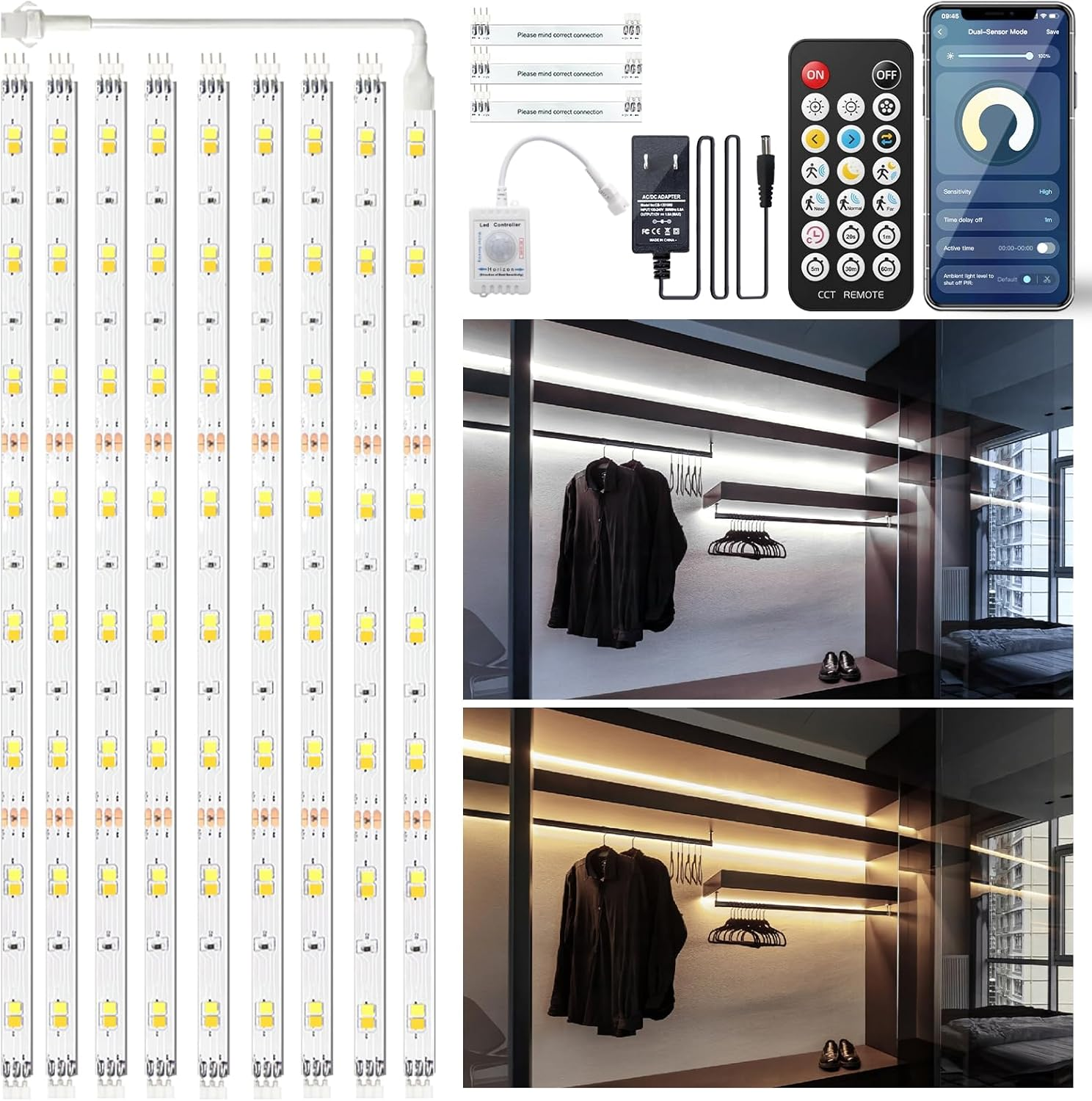 Smart Led Strip Lights with Motion Sensor, 10-Piece Kit with App&Remote under Cabinet Lighting, Dimmable White Light (Warm to Cool), Dusk to Dawn Night Light 16.4Ft for Kitchen, Shelf, Closet