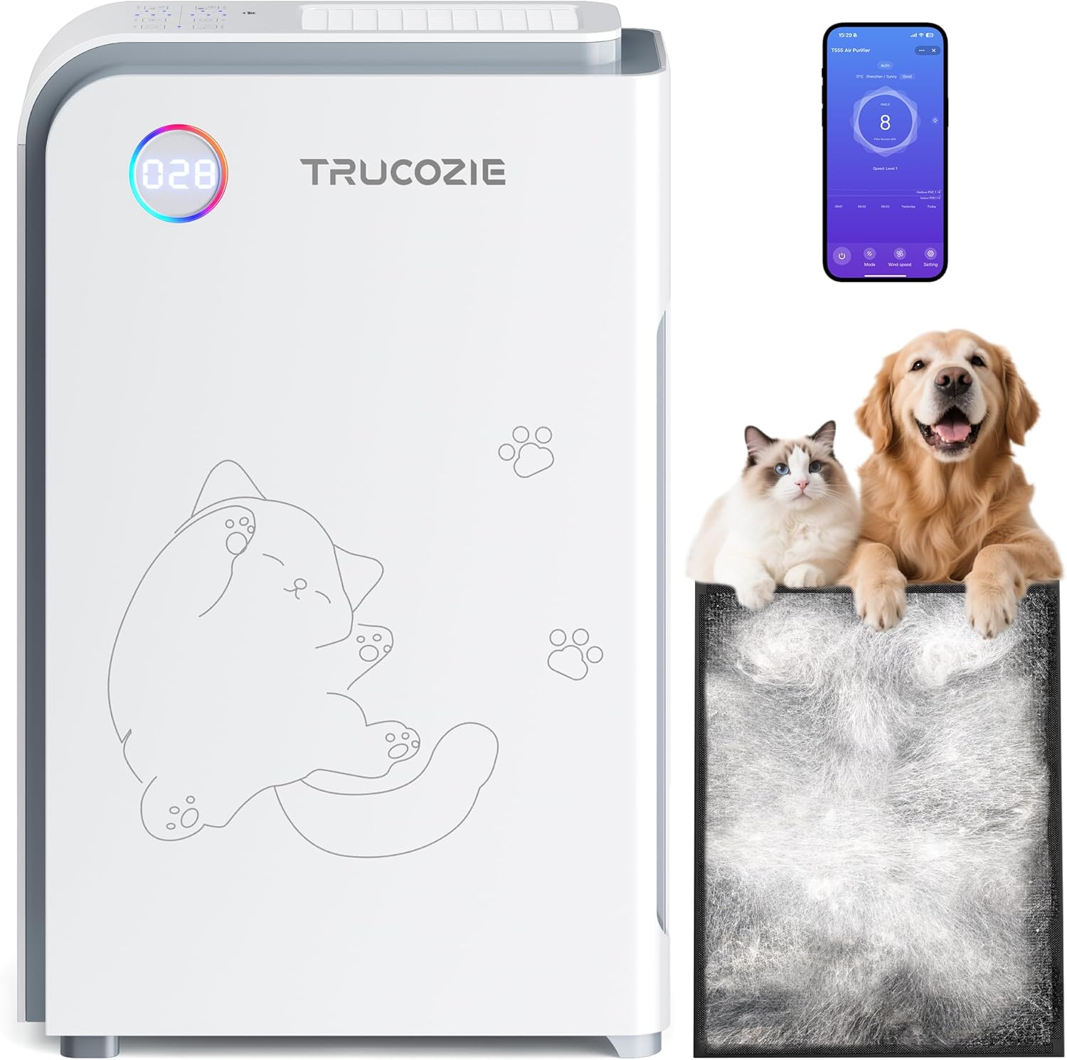 Trucozie Large Pet Air Purifier for Home up to 3000 Ft², Absorbs Floating Cat and Dog Hair, Smart Wifi, 3-In-1 Filter with Anion, Activated Carbon & HEPA for Pet Allergy, Smoke, Dust, Zero Ozone