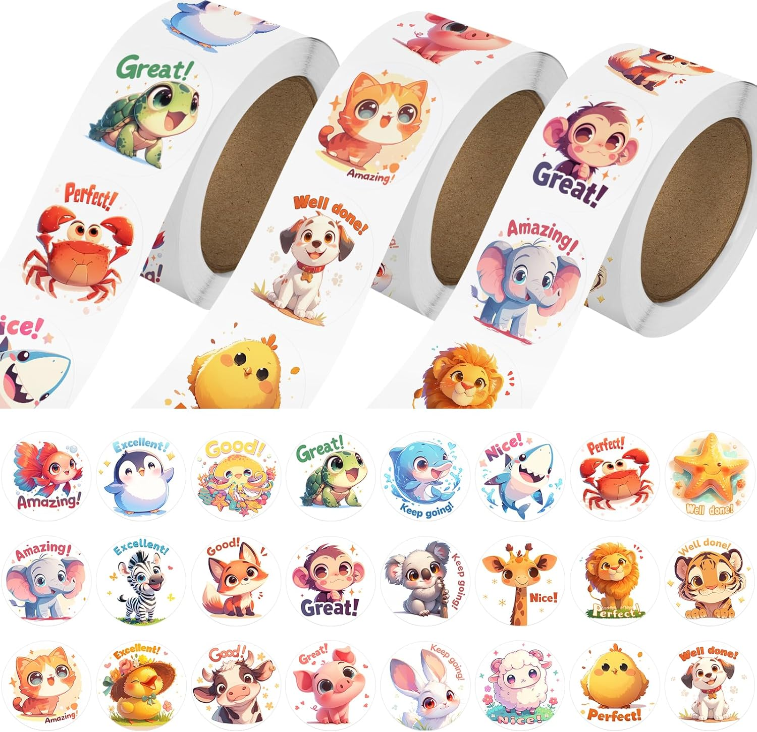 3 Rolls Animal Stickers for Kids, 1500 PCS Kids Stickers Bulk for Toddlers 2-4