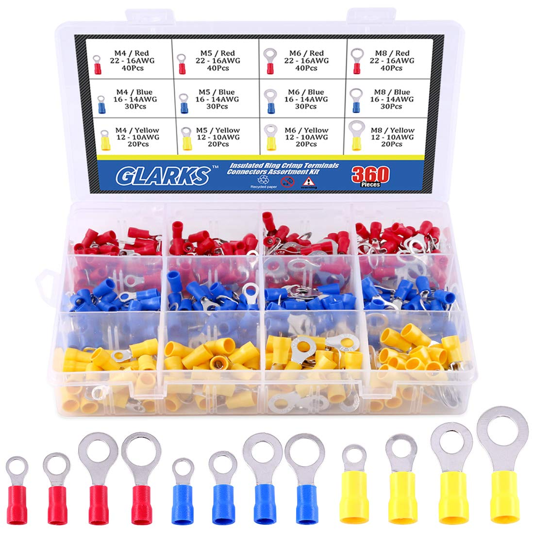 360pcs 22-16/16-14/12-10 Gauge Mixed Quick Disconnect Electrical Insulated M4 / 5/6 / 8 Ring Crimp Terminals Connectors Assortment Kit