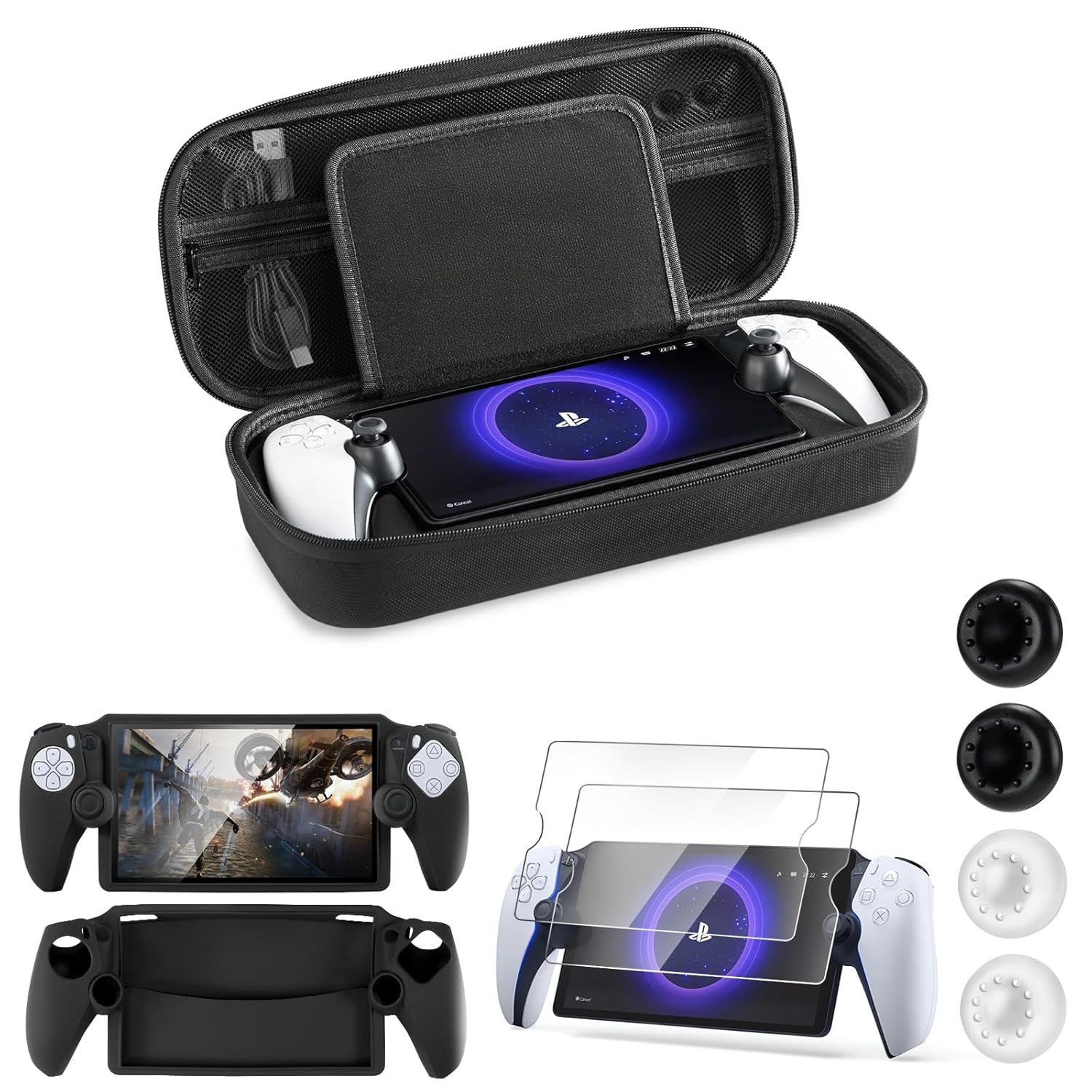 Hard Carrying Shell Case for PlayStation Portal Remote Player - with 2 Screen Protector, 1 Grip Case, 4 Thumb Grip Caps, Hard Outer Cover for PS5 Portal, Black