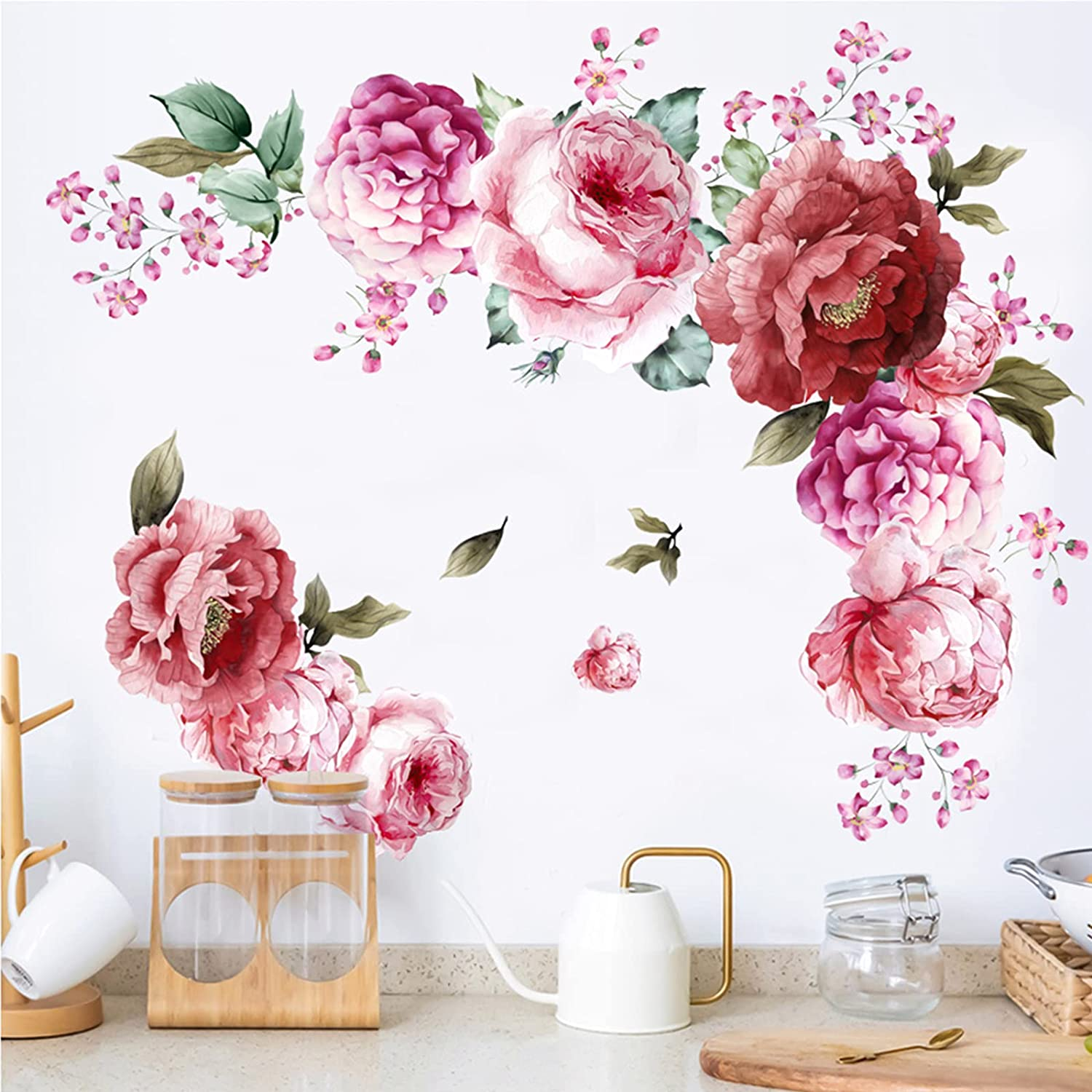 Peony Flower Wall Stickers 3D Pink Flowers Wall Decals, Peel and Stick Removable Wall Art Decor, DIY Mural Wall Art Decor for Kids Room Nursery Classroom Living Room Bedroom Home Decoration (E)