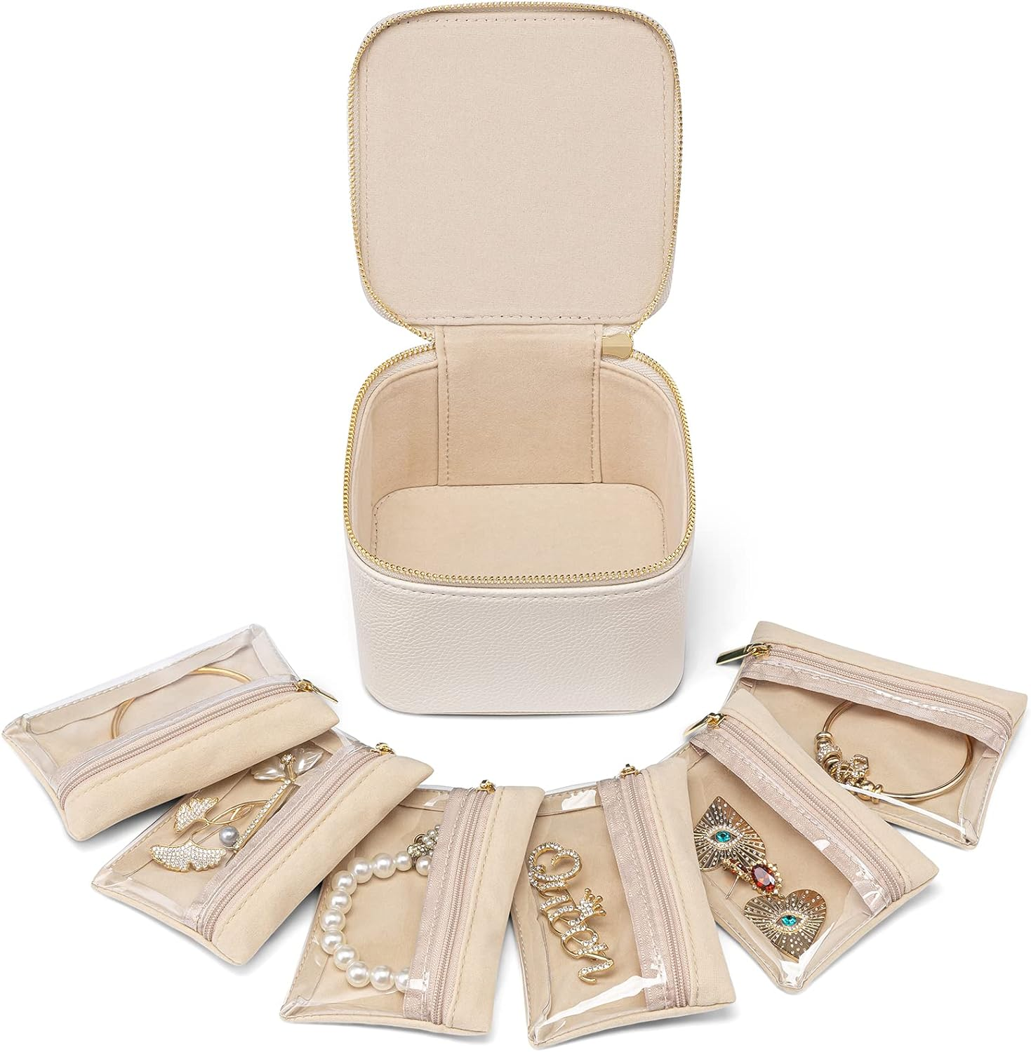 Small Jewelry Box Organizer,Travel Jewelry Storage with 6 Velvet Jewelry Zipper Pockets,Travel Jewelry Case Valentines Gifts Birthday Gifts for Women Girls (White)
