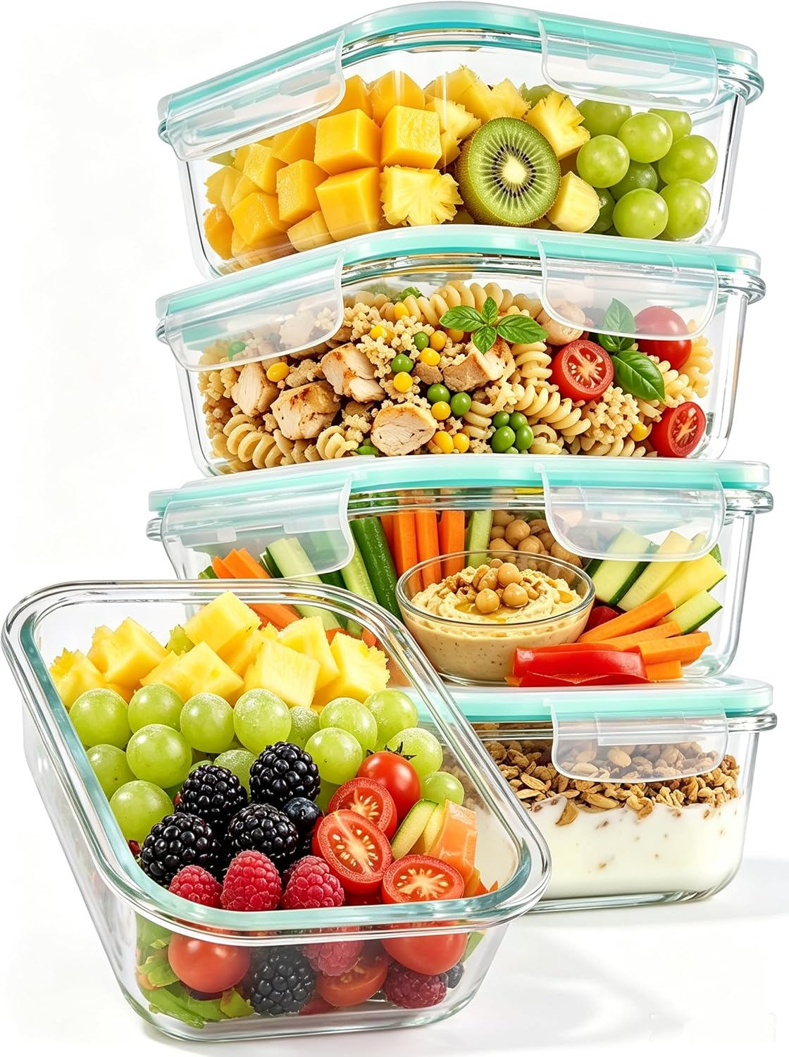 5-Pack 1040Ml Glass Storage Containers with Airtight Lids, Reusable Green Food Containers - Microwave/Oven/Refrigerator/Dishwasher Safe, Leakproof Lunch Boxes for Kitchen Organization
