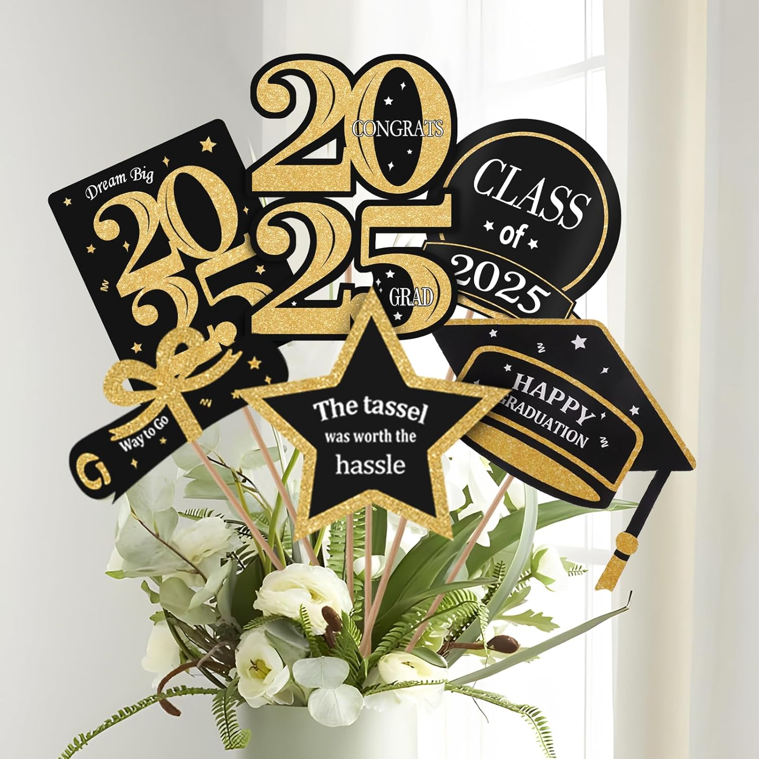 Graduation Decorations 2025 - 30 Pack Black and Gold Grad Centerpiece Sticks - Class of 2025 Party Supplies for Table Topper Decor for Kindergarten Preschool High School College Ornament