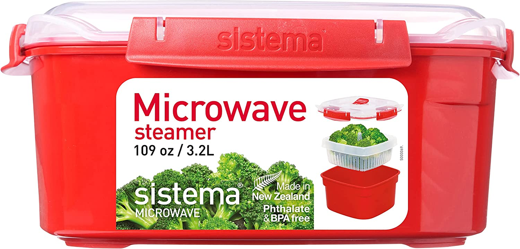 Microwave Food Steamer with Removable Steamer Basket | Large 3.2 L | Red/Clear