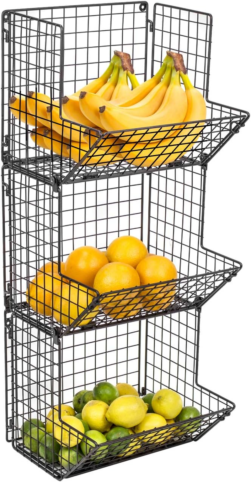 Hanging Fruit Basket Wall Mounted Wire Metal Bins - 3 Tier Storage Basket Organizer for Kitchen Storage, Great for Produce Fruits & Vegetables, Potato Onion Storage Bathroom Tower (Black)