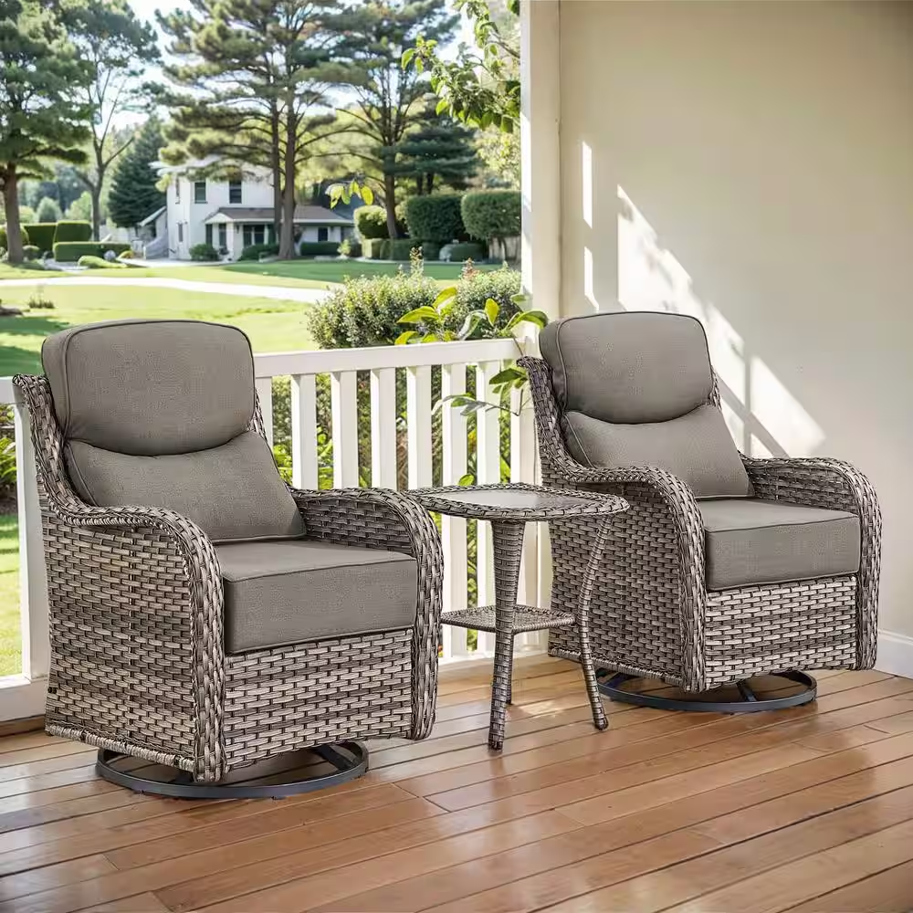 Arcadia Gray 3-Piece Wicker Swivel Rocker Patio Conversation Set with 6 In. Thick Gray Cushions and Side Table