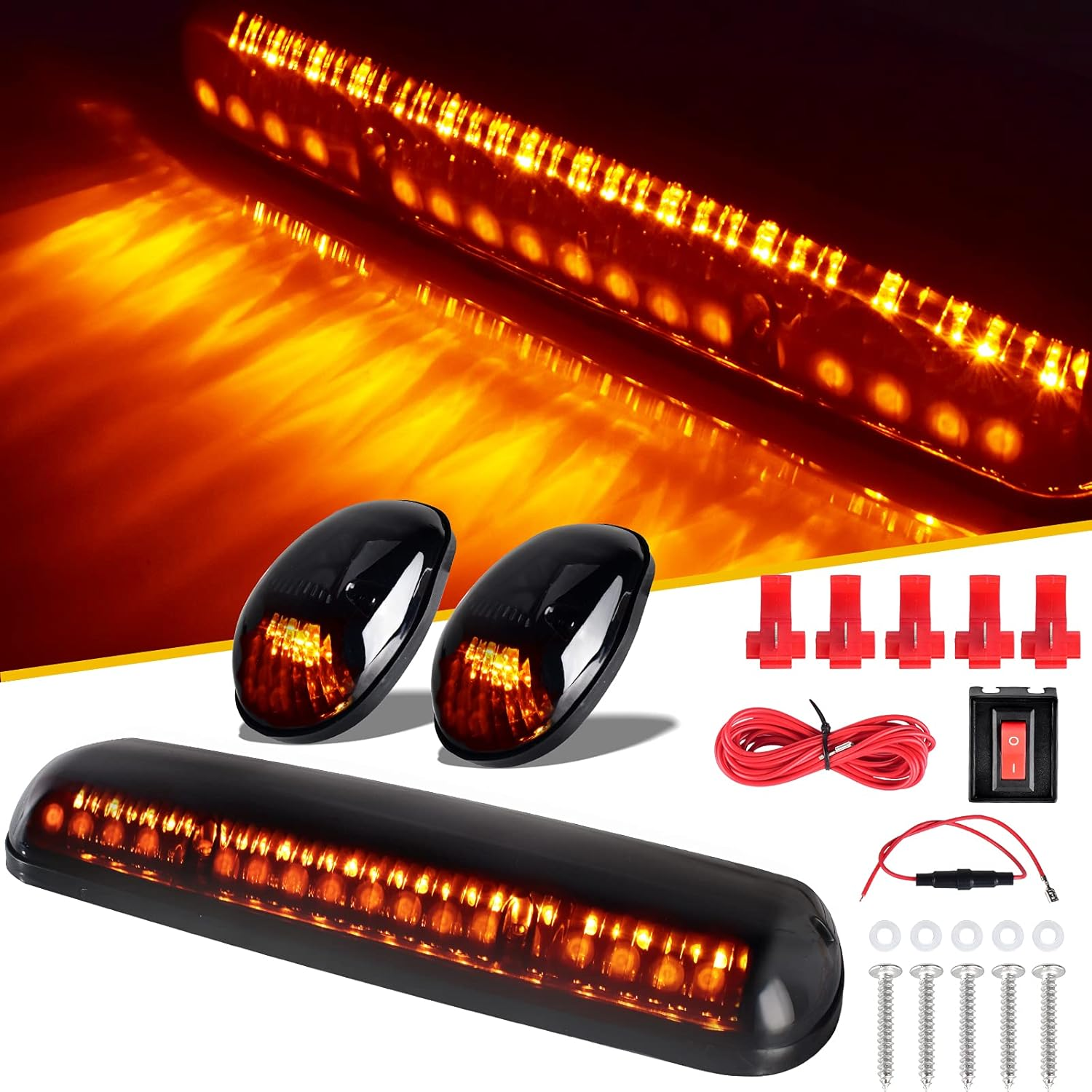 30LED Smoke Len Amber Cab Marker Roof Running Lights Assembly Compatible with Chevrolet Silverado/Gmc Sierra 1500 1500HD 2500 2500HD 3500 2002-2007 Pickup Trucks W/Wiring Harness