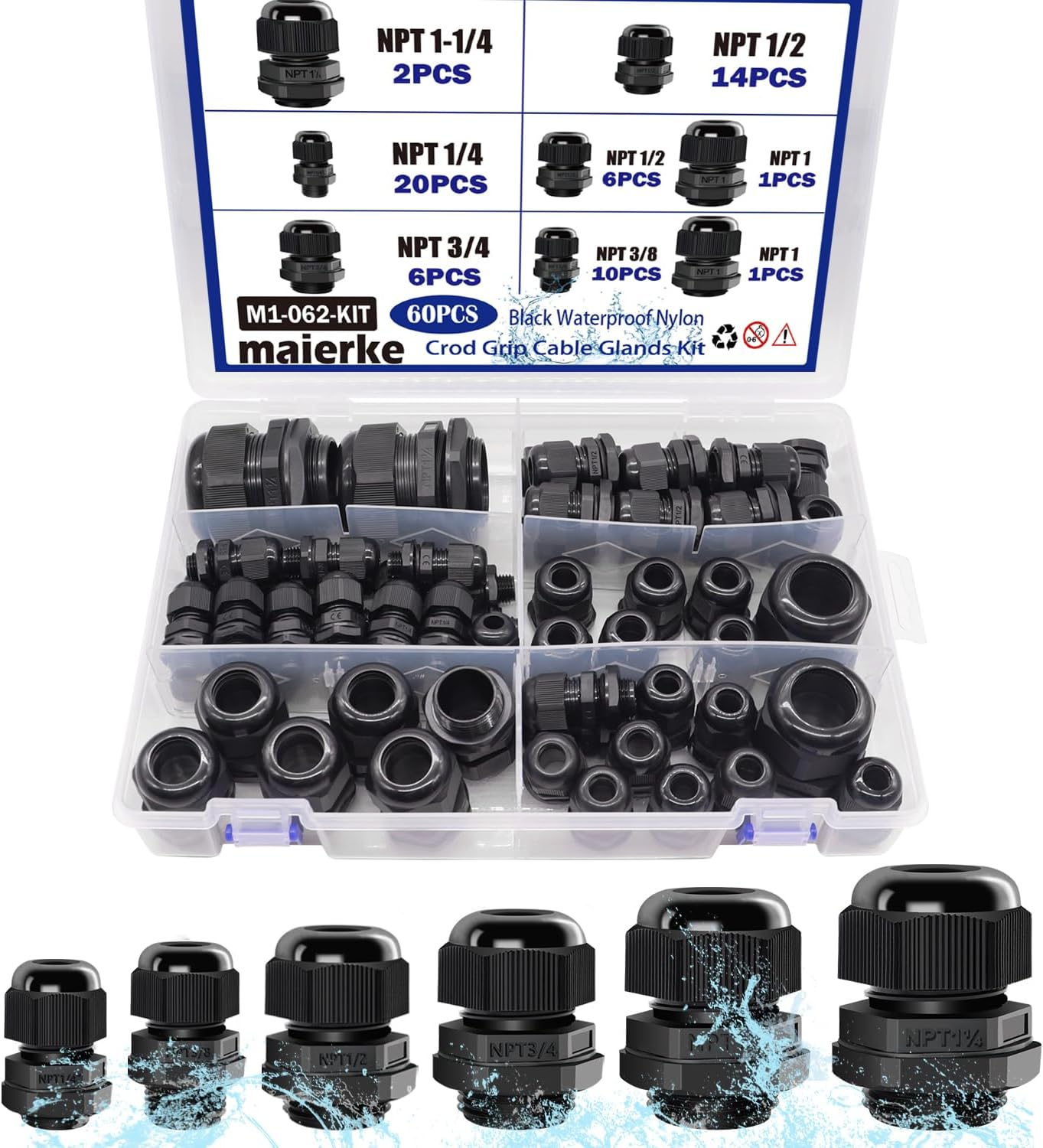 60PCS NPT Nylon Cord Grip Cable Glands Kit,IP68 Waterproof Adjustable 1/4” 3/8” 1/2” 3/4” 1” 1-1/4” Strain Relief Cord Connectors Black with Gaskets