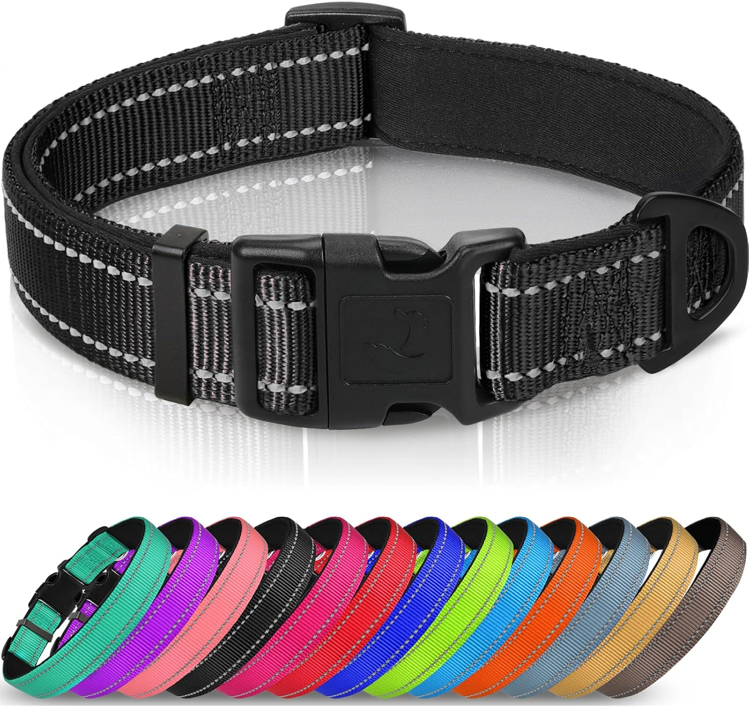 Reflective Dog Collar,Soft Neoprene Padded Breathable Nylon Pet Collar Adjustable for Large Dogs,Black,L