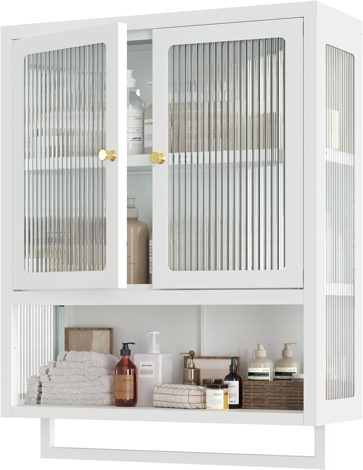 Bathroom Wall Cabinet with 2 Glass Door, Bathroom Medicine Cabinet with Towels Bar and Shelves, over the Toilet Storage Cabinet, Metal Wall Mounted Cabinet for Kitchen (Upgraded White)