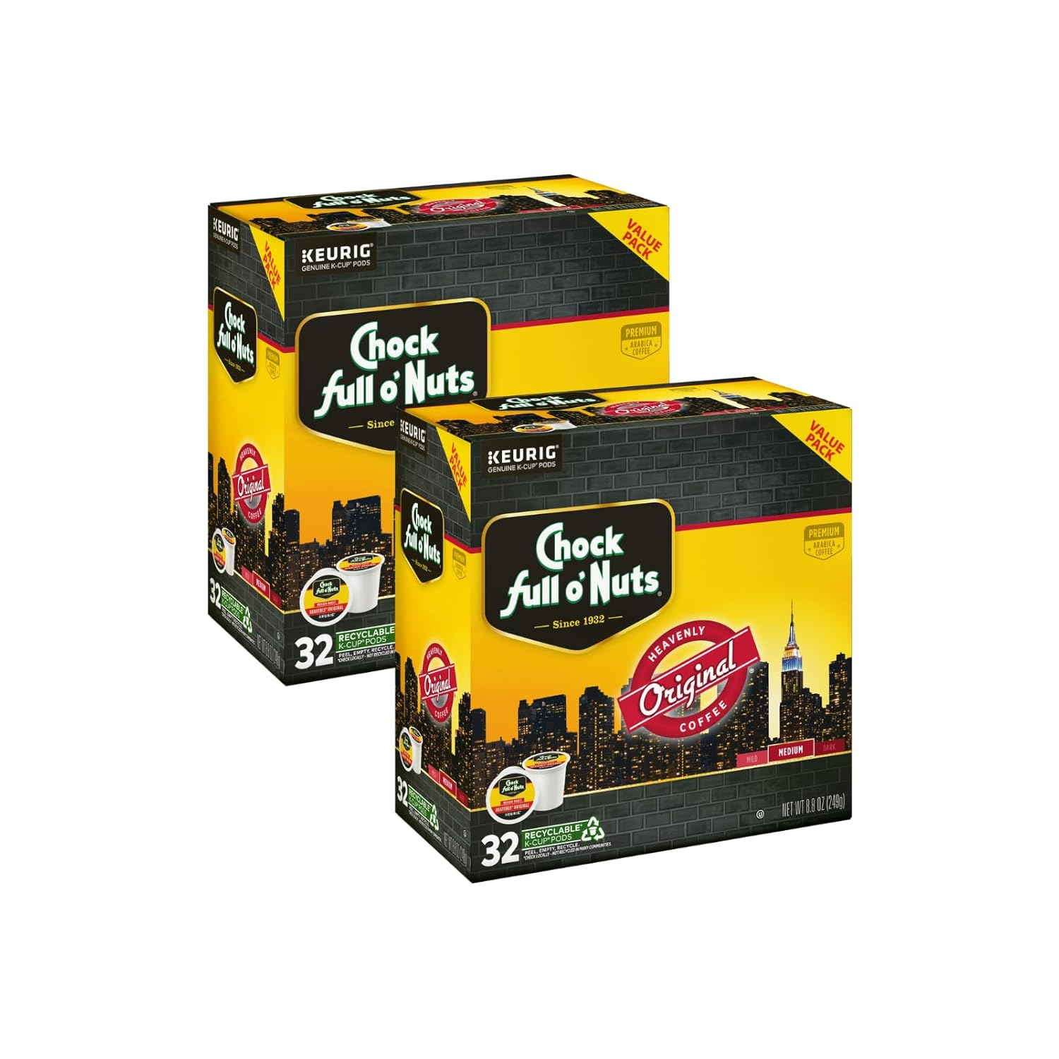 Chock Full O'Nuts Original Coffee, Compatible with Keurig K-Cup Pods, 32 CT (Pack of 2)