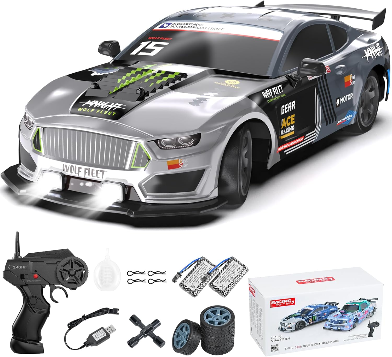 Remote Control Car 1/16 Scale RC Drift Car 2.4Ghz 4WD High Speed 18+KM/H Vehicle with LED Lights and Spray, Extra Drifting Tires Racing Vehicle Toys Birthday Gifts for Adults Boys, 2 Batteries