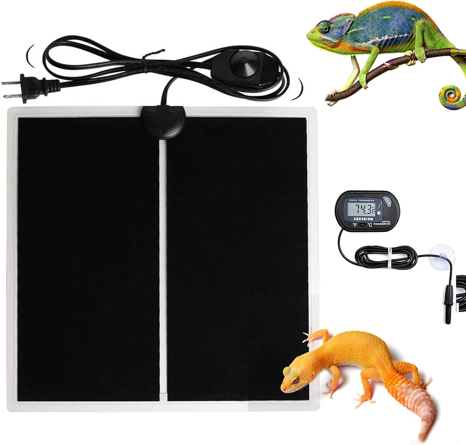 Reptile Terrarium Heat Pad with LCD Digital Aquarium Thermometer, 5.5 X 6In Power Adjustment under Tank Heater Mat for Pets, Small Animals, Seedling, 5W